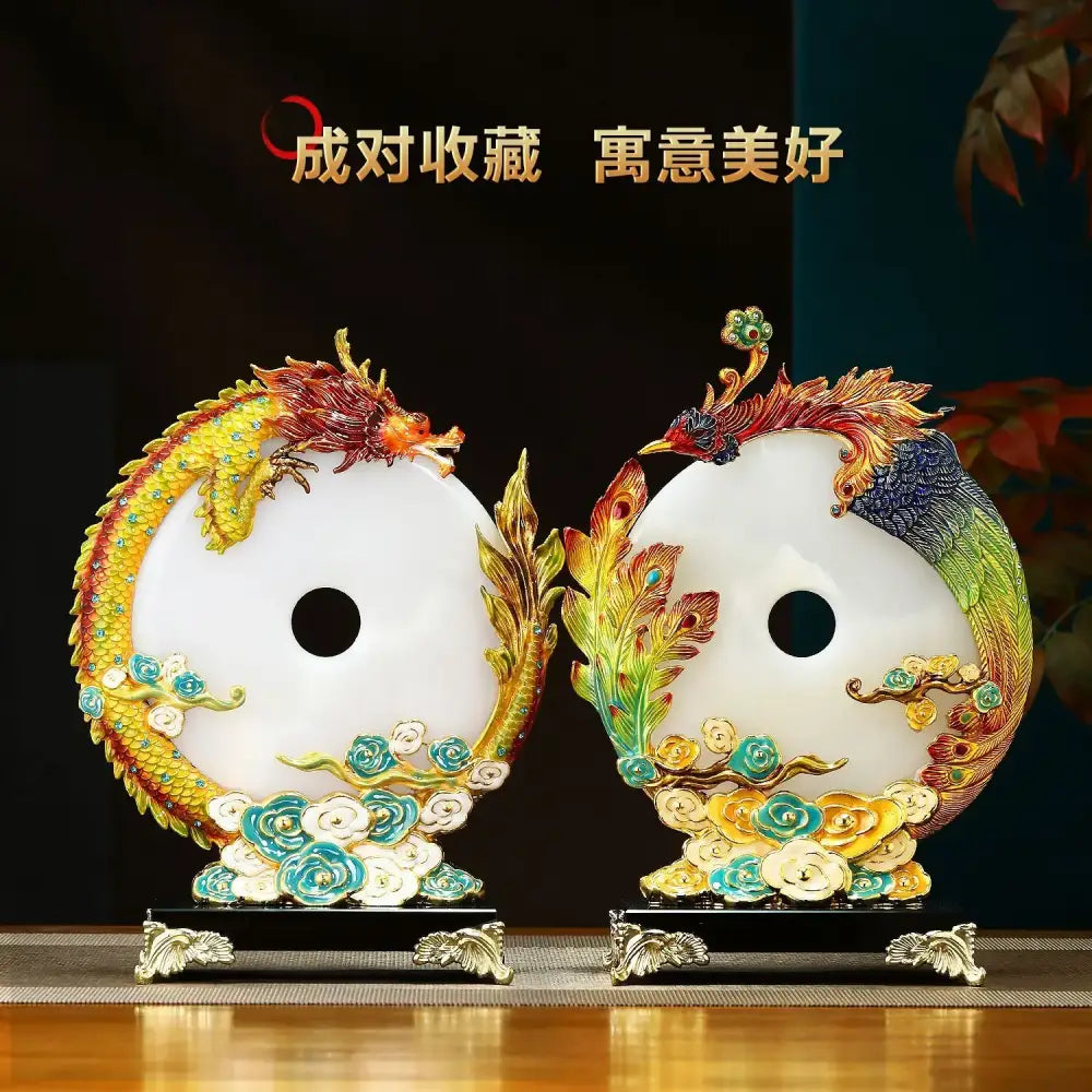Jade dragon phoenix ornament enamel living room decor