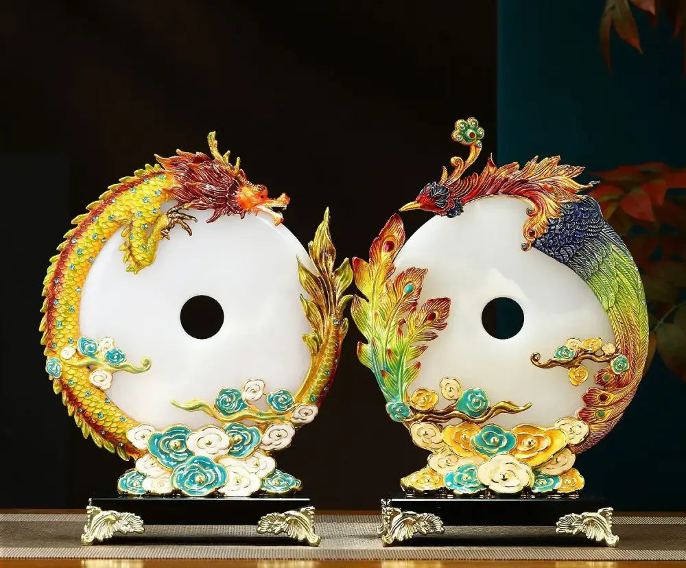 Jade dragon phoenix ornament enamel living room decor