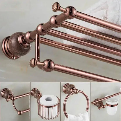 Jade & rose gold bathroom set ornate towel rack and paper holder