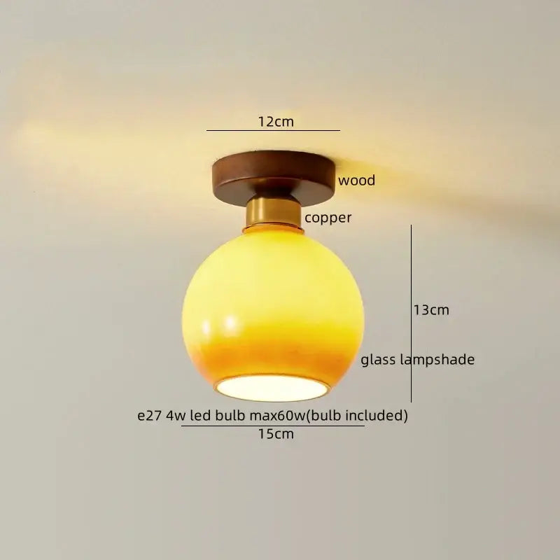 Japanese amber glass led ceiling lamp living room brass light