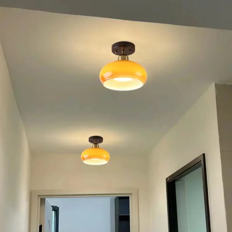 Japanese amber glass led ceiling lamp living room brass light
