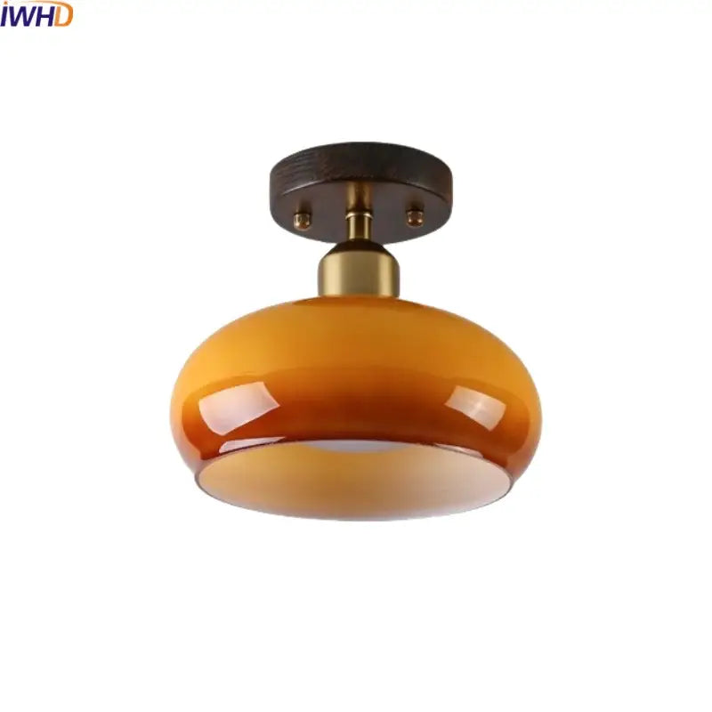 Japanese amber glass led ceiling lamp living room brass light