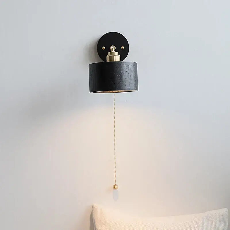Japanese black wood wall light with pull chain switch bedroom lamp
