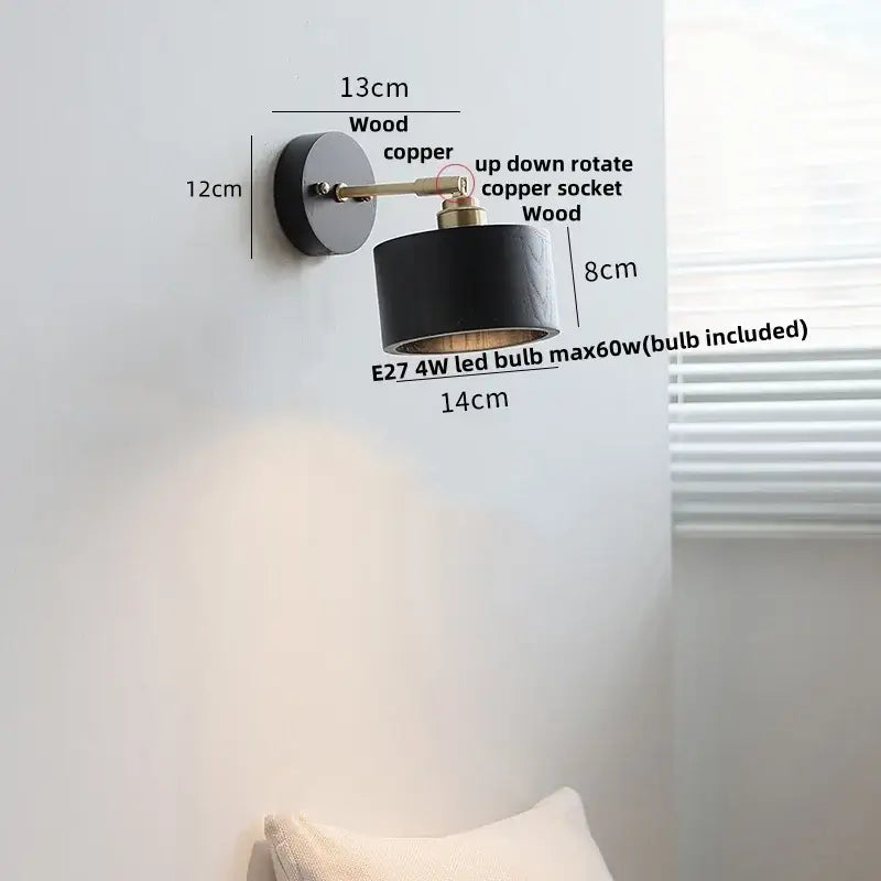 Japanese black wood wall light with pull chain switch bedroom lamp