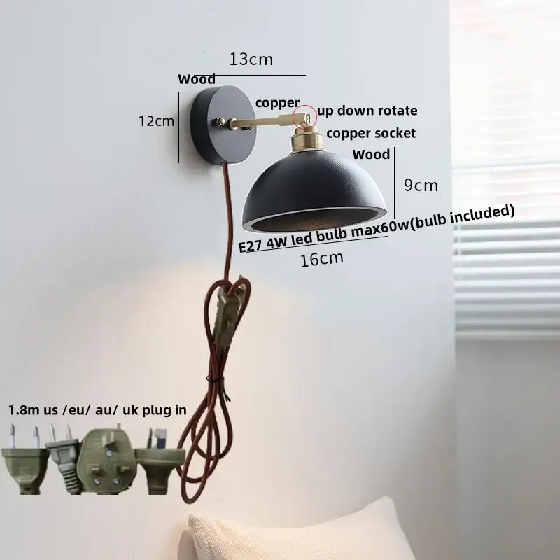 Japanese black wood wall light with pull chain switch bedroom lamp