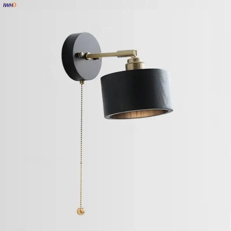 Japanese black wood wall light with pull chain switch bedroom lamp
