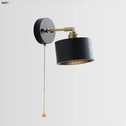 Japanese black wood wall light with pull chain switch bedroom lamp