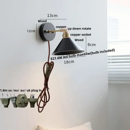 Japanese black wood wall light with pull chain switch bedroom lamp