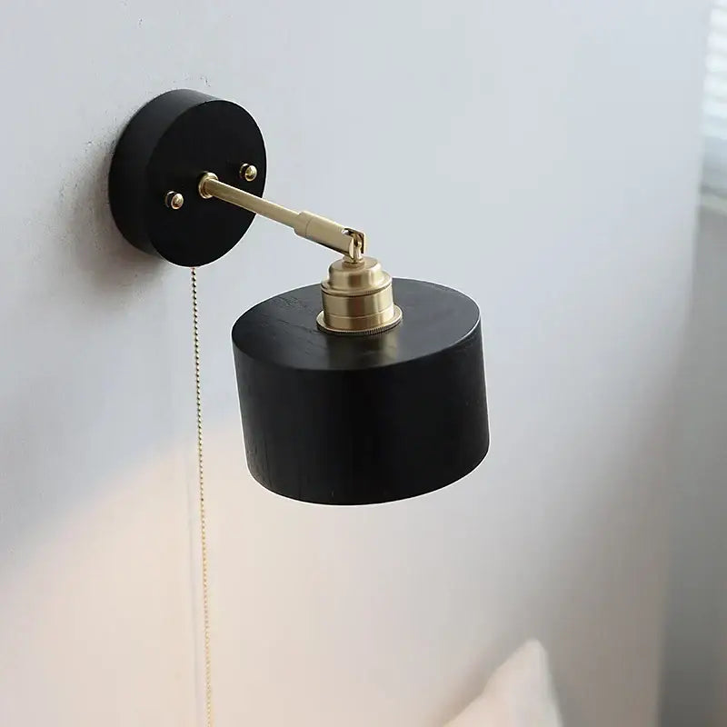Japanese black wood wall light with pull chain switch bedroom lamp