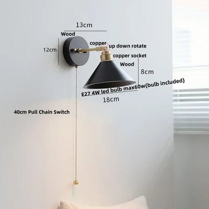 Japanese black wood wall light with pull chain switch bedroom lamp