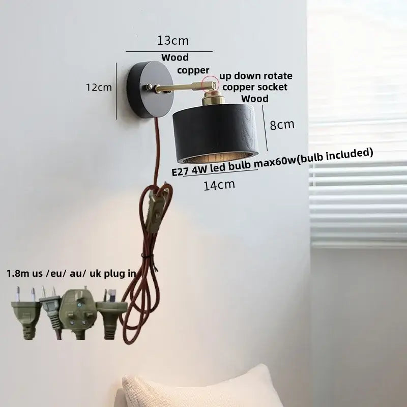 Japanese black wood wall light with pull chain switch bedroom lamp