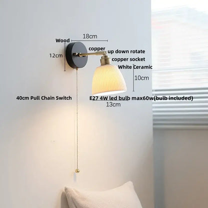 Japanese black wood wall light with pull chain switch bedroom lamp