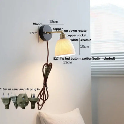 Japanese black wood wall light with pull chain switch bedroom lamp