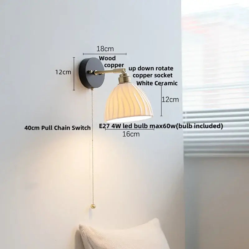 Japanese black wood wall light with pull chain switch bedroom lamp