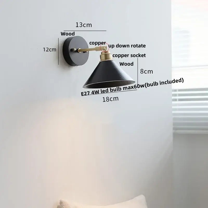 Japanese black wood wall light with pull chain switch bedroom lamp