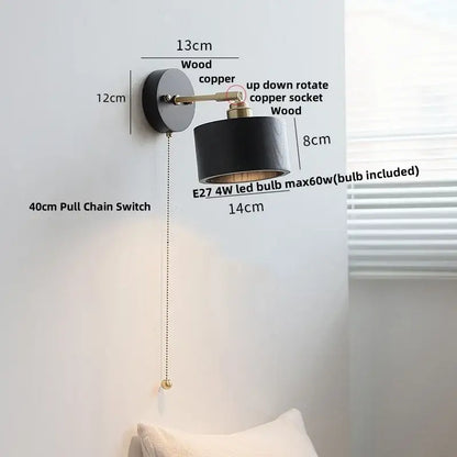 Japanese black wood wall light with pull chain switch bedroom lamp