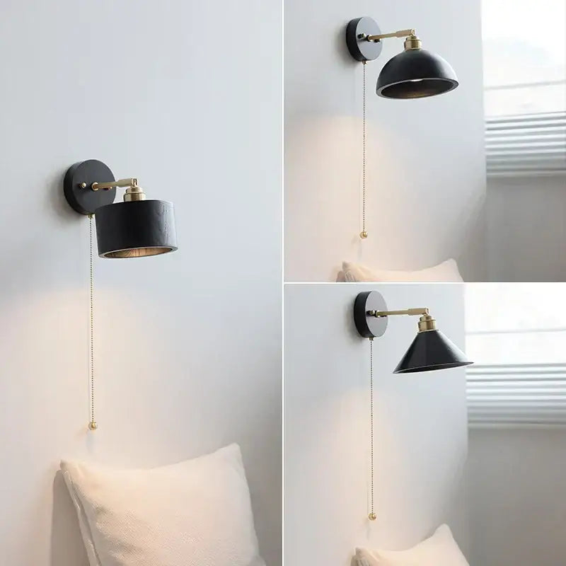 Japanese black wood wall light with pull chain switch bedroom lamp