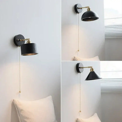 Japanese black wood wall light with pull chain switch bedroom lamp