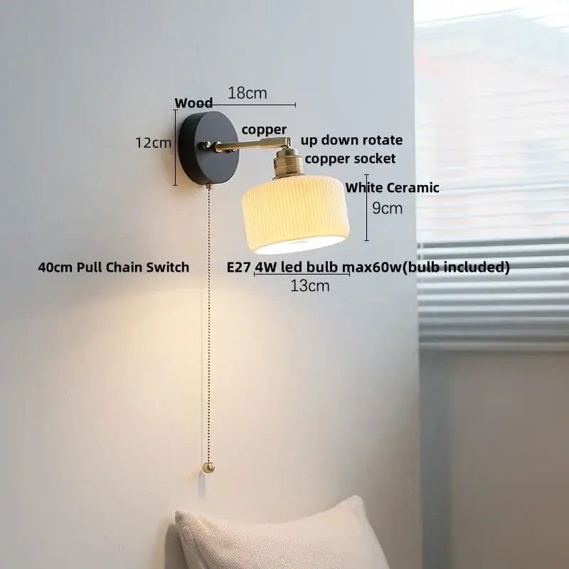 Japanese black wood wall light with pull chain switch bedroom lamp