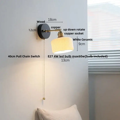 Japanese black wood wall light with pull chain switch bedroom lamp