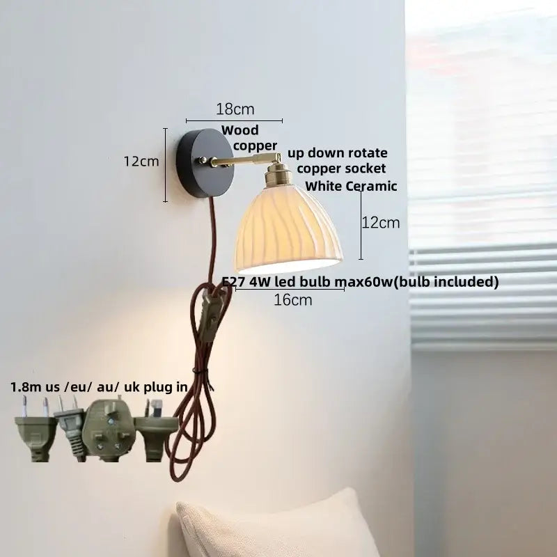 Japanese black wood wall light with pull chain switch bedroom lamp