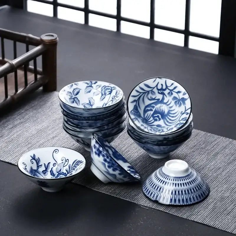 Japanese blue & white ceramic kung fu tea cup set dining room porcelain