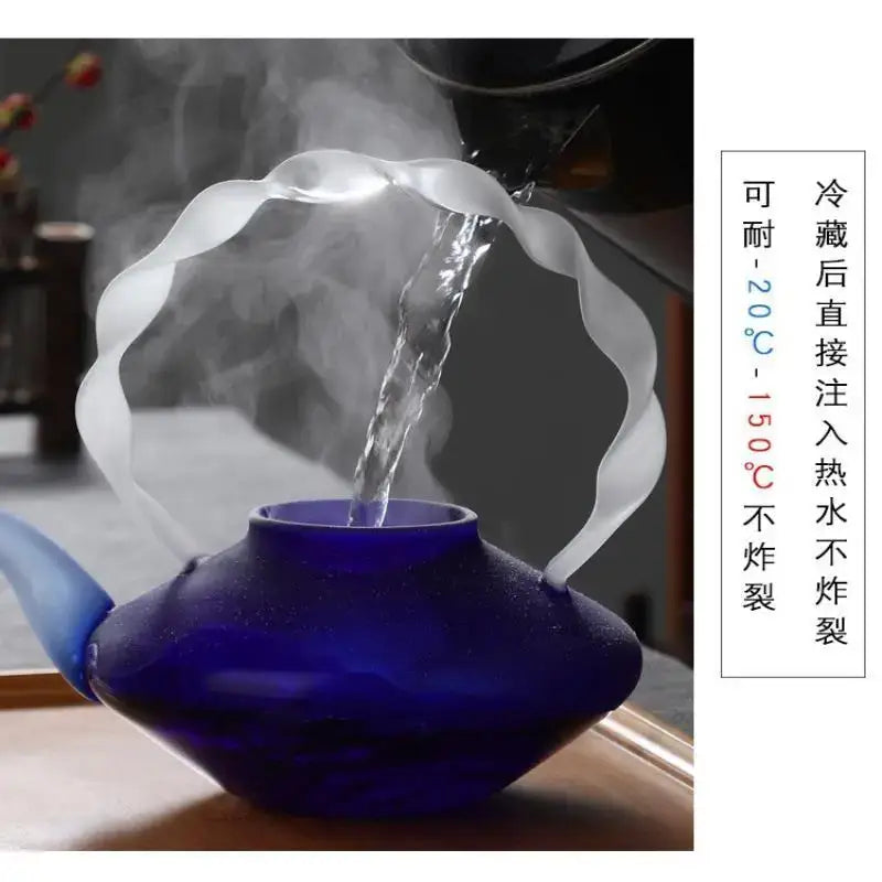Japanese cobalt blue glass teapot kitchen twisted handle decor