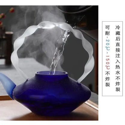 Japanese cobalt blue glass teapot kitchen twisted handle decor
