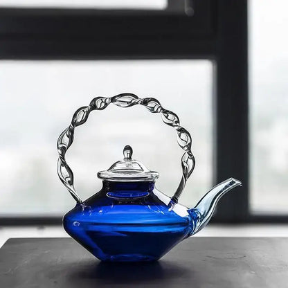 Japanese cobalt blue glass teapot kitchen twisted handle decor
