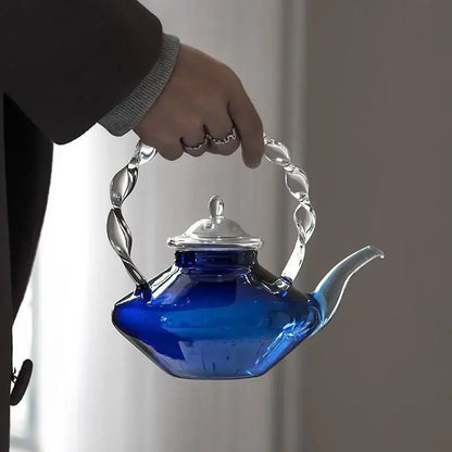 Japanese cobalt blue glass teapot kitchen twisted handle decor