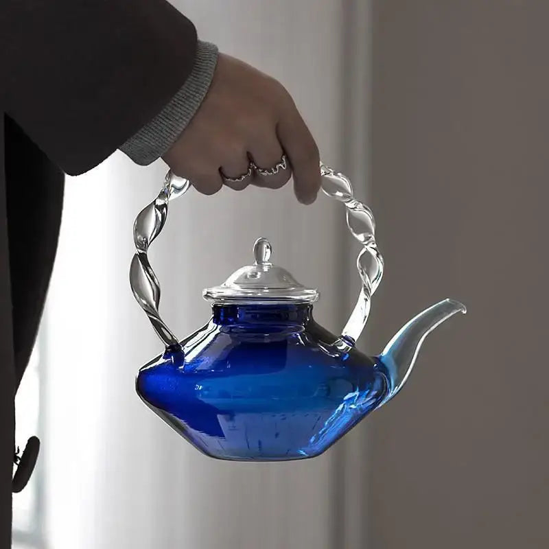 Japanese cobalt blue glass teapot kitchen twisted handle decor