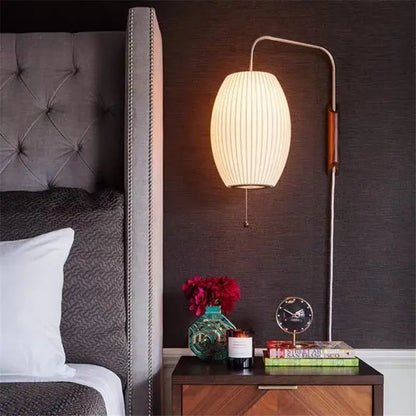 Japanese cream ribbed handwoven silk ball wall light bedroom