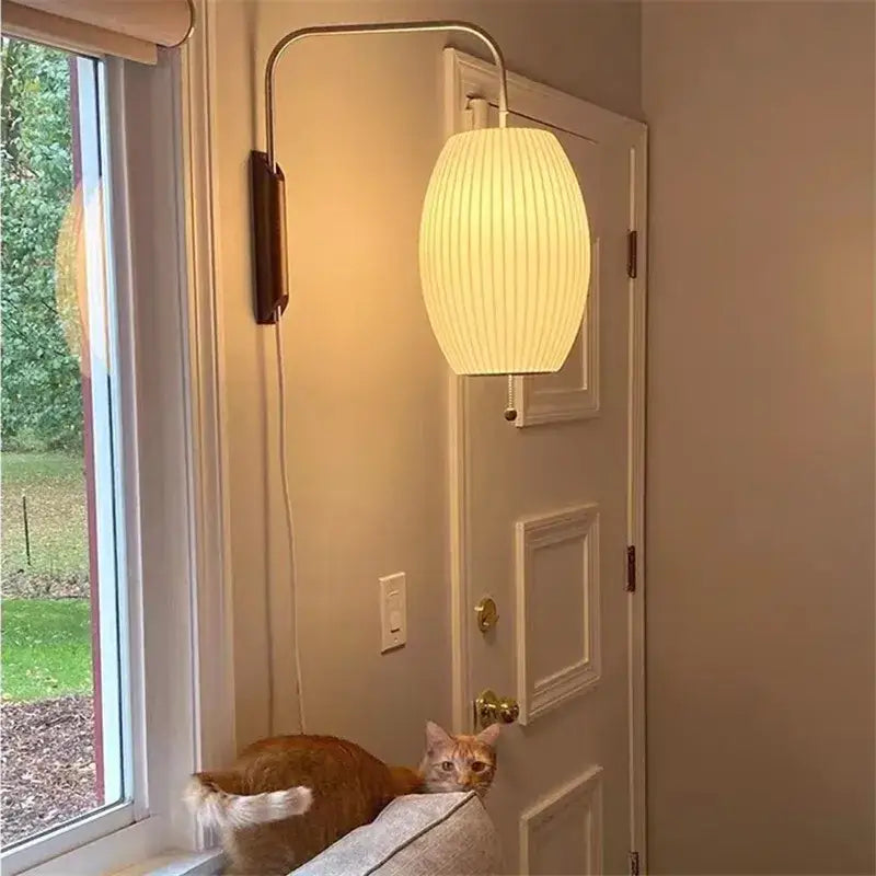 Japanese cream ribbed handwoven silk ball wall light bedroom