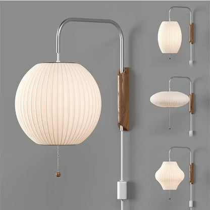 Japanese cream ribbed handwoven silk ball wall light bedroom