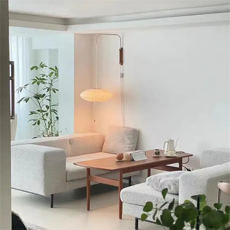 Japanese cream ribbed handwoven silk ball wall light bedroom