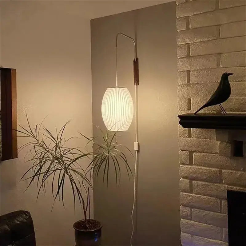 Japanese cream ribbed handwoven silk ball wall light bedroom