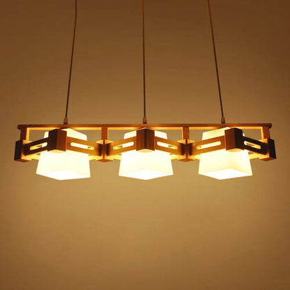 DecorBites™ Japanese Hanging Light: Trapezoid Cream Glass, 3-Bulb Pendant for Dining Room or Kitchen Island, Wood Base