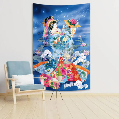 Japanese kimono tapestry with sakura background bedroom wall decor