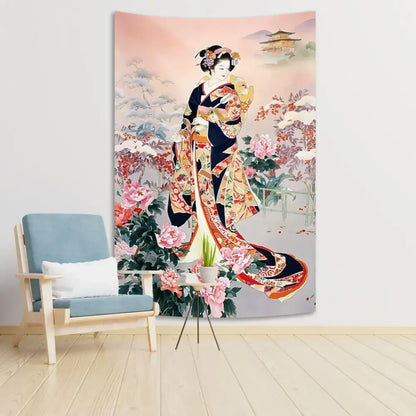 Japanese kimono tapestry with sakura background bedroom wall decor