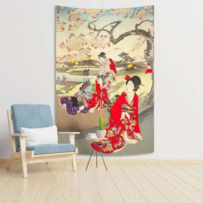 Japanese kimono tapestry with sakura background bedroom wall decor