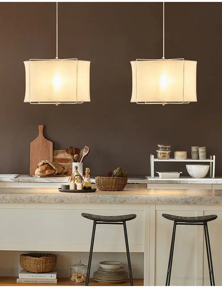 Japanese retro beige linen fabric chandelier bedroom light