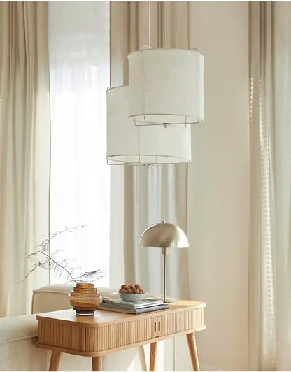 Japanese retro beige linen fabric chandelier bedroom light
