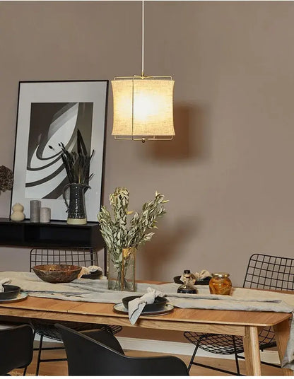 Japanese retro beige linen fabric chandelier bedroom light
