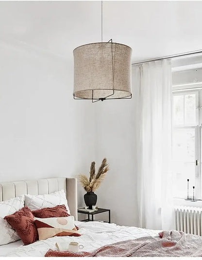 Japanese retro beige linen fabric chandelier bedroom light