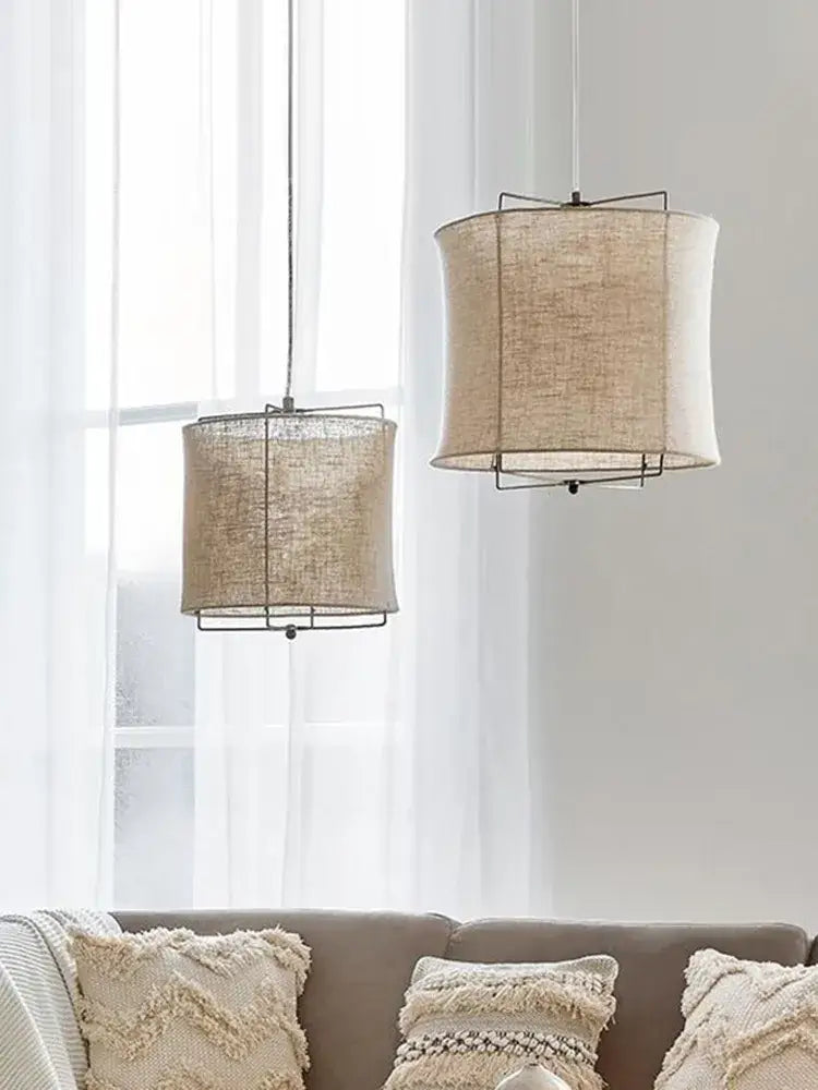 Japanese retro beige linen fabric chandelier bedroom light
