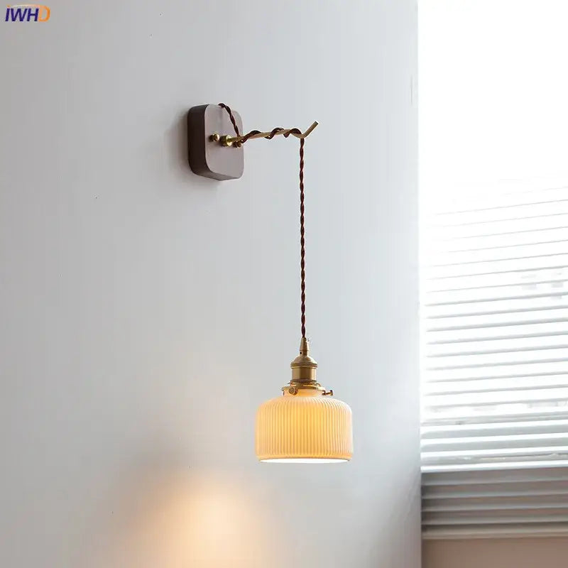 Japanese ribbed glass ceramic led wall light for bedroom