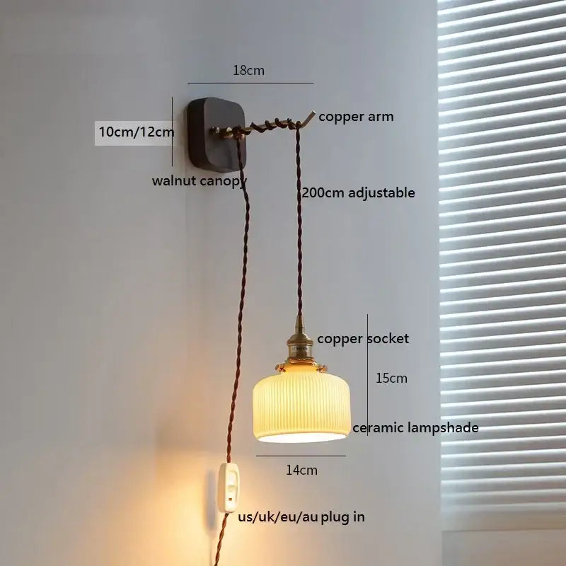 Japanese ribbed glass ceramic led wall light for bedroom