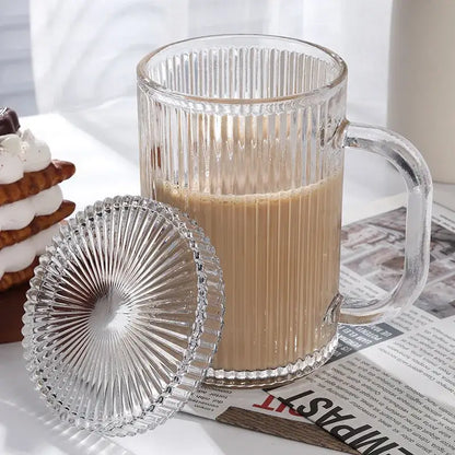 Japanese ribbed glass coffee cup set kitchen glassware with lids