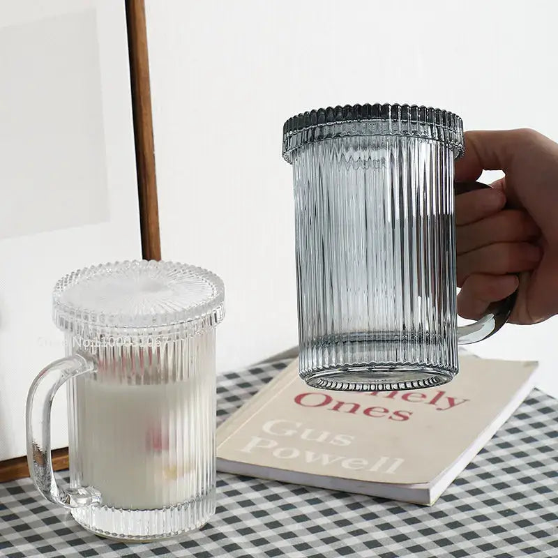 Japanese ribbed glass coffee cup set kitchen glassware with lids