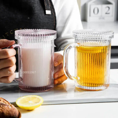 Japanese ribbed glass coffee cup set kitchen glassware with lids